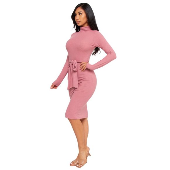 Midi Dress In Marsala Pink Belted Ribbed Long Sleeve Knit- MEDIUM - Picture 2 of 4